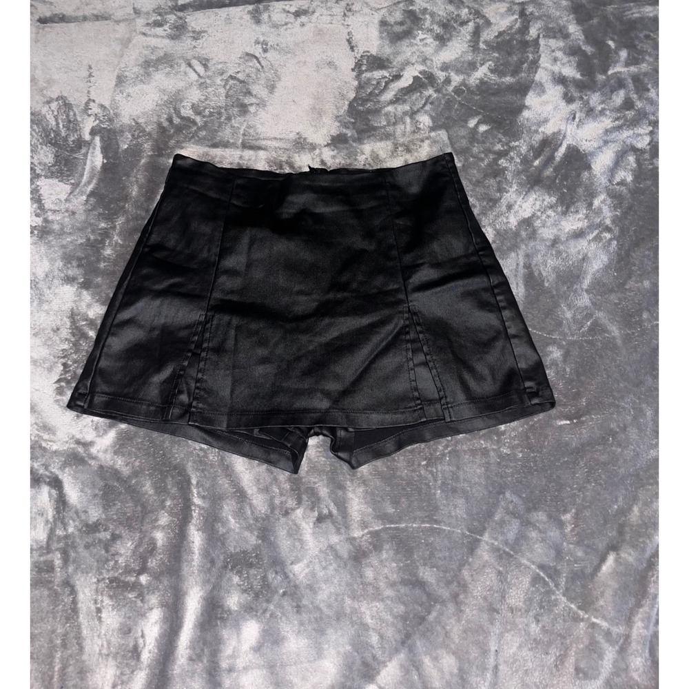 Black Faux Leather Skort High Waisted‎ Mini Skirt Shorts XL